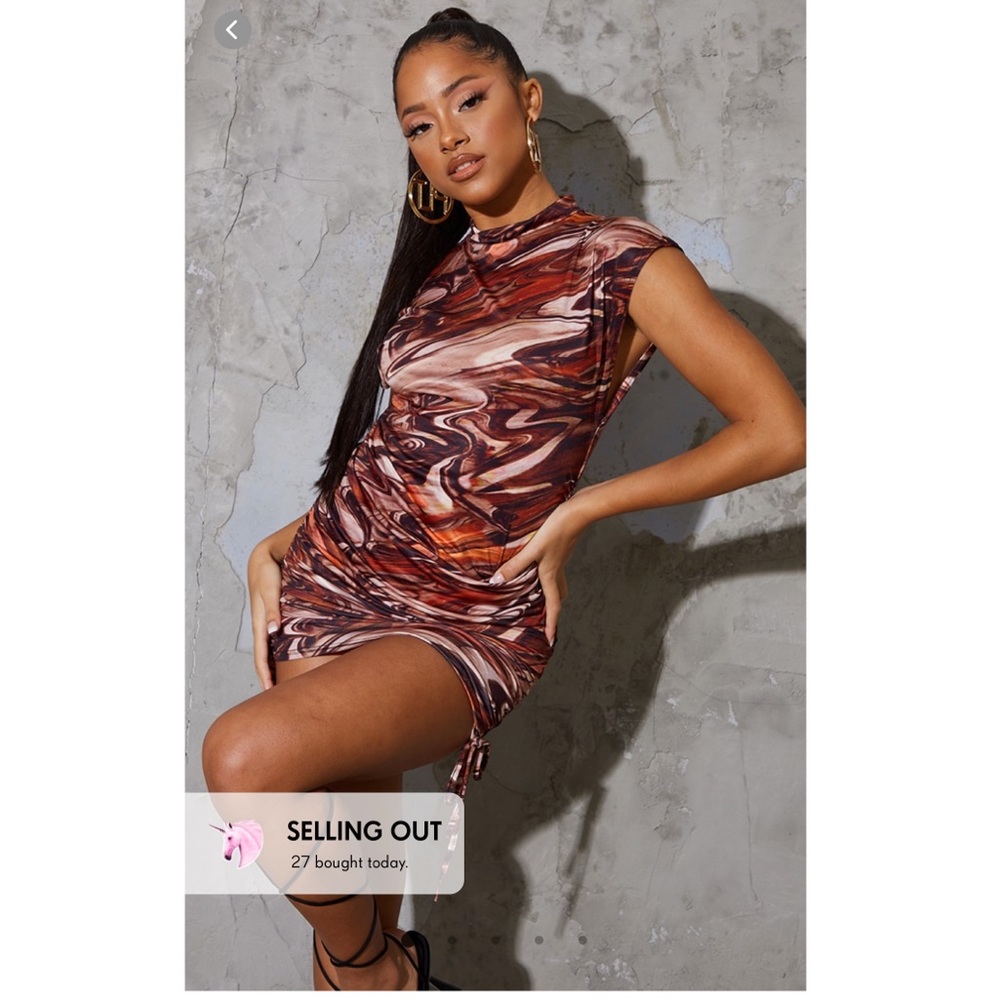 Brown Swirl Print High Neck Ruched Bodycon Dress